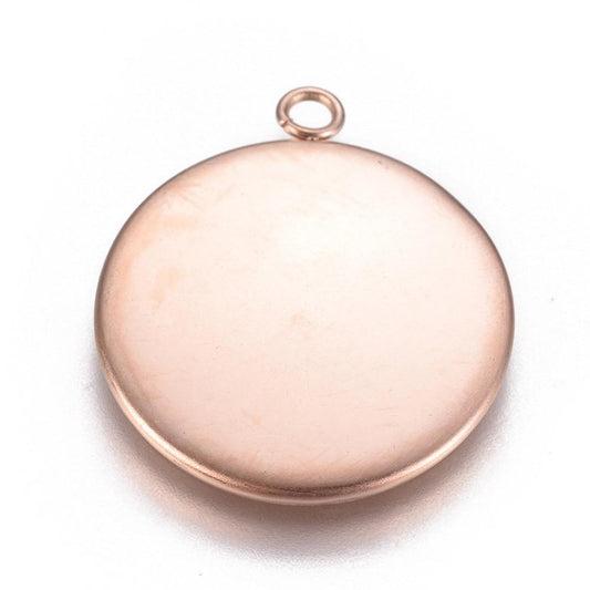 P2044 - 5 pcs. 304 Stainless Steel Rose Gold Circle Round Bezel Pendant Tags Trays - 22mm Glue Pad Setting - Tarnish Resistant!