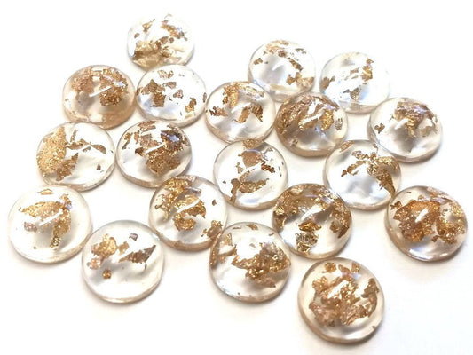 CA782 - 10 pcs Resin Round Embellishment Circle Cabochons Metal Foil Clear, Gold - 12mm - Multi-Color Glitter