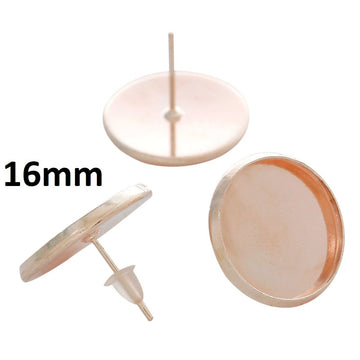 E419 - 10 pcs. Rose Gold Plated Earring Posts Studs Settings Bezels Cabochons Tacks- 16mm Glue Pad Setting - Includes Rubber Backs!