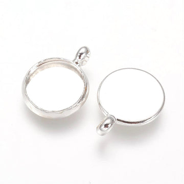 P169 - 10 pcs. Silver Plated Circle Round Bezel Cabochon Pendant Tags Trays - 10mm Glue Pad - Perpendicular Loop