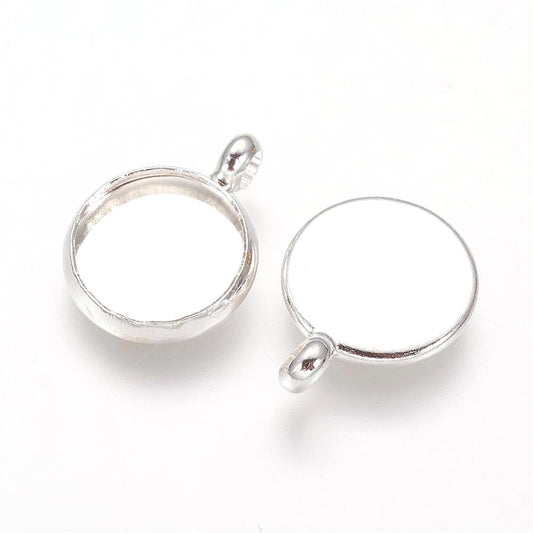P169 - 10 pcs. Silver Plated Circle Round Bezel Cabochon Pendant Tags Trays - 10mm Glue Pad - Perpendicular Loop