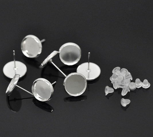 E584 - 50 pcs. Silver Plated Earring Posts Studs Settings Bezels Cabochons Tacks- 10mm Glue Pad Setting