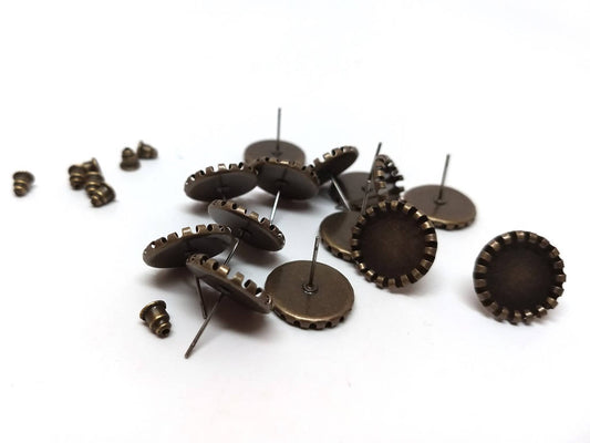 E307 - 10 pcs. Antique Bronze Earring Posts Studs Settings Bezels Cabochons Tacks- 12mm Glue Pad Setting - Includes Bronze Stoppers!
