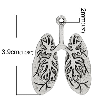 P747 - 5 pcs. Antique Silver Anatomical Organ Lungs Medical Charms Pendants - 39mm x 30mm (1 inch)