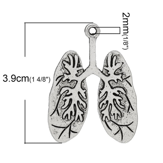 P747 - 5 pcs. Antique Silver Anatomical Organ Lungs Medical Charms Pendants - 39mm x 30mm (1 inch)