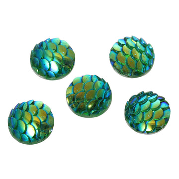 CA006A - 5 pcs Mermaid Fish Scales Resin Carved Embellishment Cabochons Green AB - 12mm