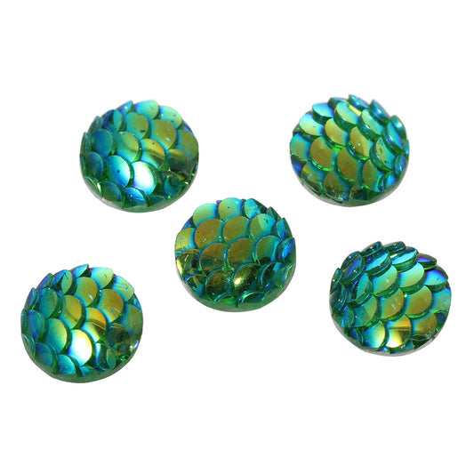 CA006A - 5 pcs Mermaid Fish Scales Resin Carved Embellishment Cabochons Green AB - 12mm