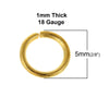 J075A - 100 pcs Gold Plated Open Jump Rings - 5mm - 18 Gauge (1mm Thick)