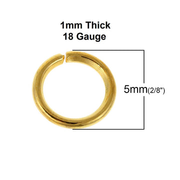 J075A - 100 pcs Gold Plated Open Jump Rings - 5mm - 18 Gauge (1mm Thick)