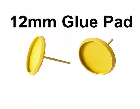 E521 - 50 pcs. Yellow Earring Posts Settings Bezels Cabochons Tacks- 12mm Glue Pad Setting