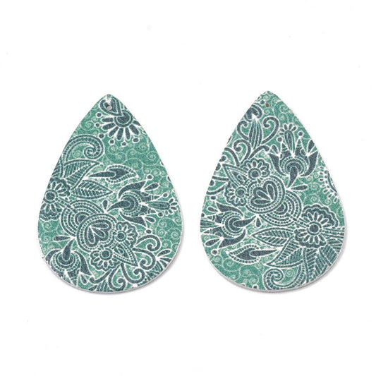 P263 - 10 pcs. Green Filigree Floral Faux Leather Dangle Charms Pendants - Teardrop - 55mm (2.17") - Double Sided - Great for Earrings!