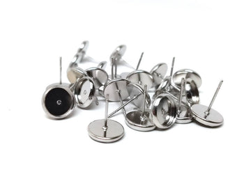 E426 - 10 pcs. Stainless Iron Silver Tone Earring Posts Studs Settings Bezels Cabochons Tacks- 8mm Glue Pad Setting - Includes Rubber Backs!
