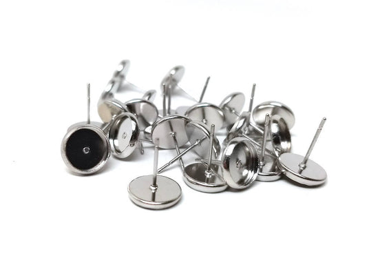 E426 - 10 pcs. Stainless Iron Silver Tone Earring Posts Studs Settings Bezels Cabochons Tacks- 8mm Glue Pad Setting - Includes Rubber Backs!