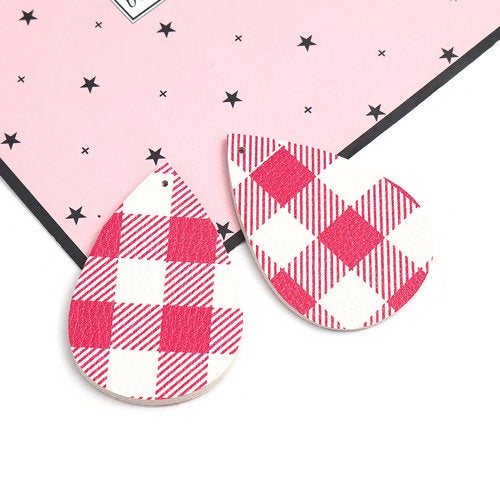 P1037 - 10 pcs Pink and White Faux Leather Dangle Pendants - Teardrop - Gingham Pattern - 56mm (2.2") - Great for Earrings or Dangles! Double-Sided