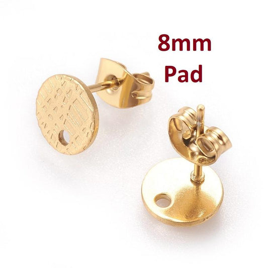E553 - 10 pcs. (5 pairs) 304 Stainless Steel Golden Earring Posts/Bases/Studs/Settings - 8mm Diameter - Hole Size: 1.2mm - TEXTURED - Style A