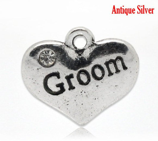 P068 - 4 pcs. Antique Silver "Groom" charm with rhinestone - 16mm X 14mm