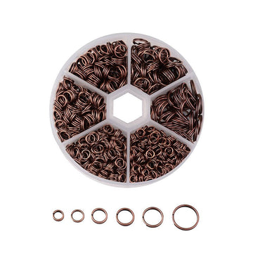 J186 - Assortment Box of Antique Copper Split Jump Rings 4mm, 5mm, 6mm, 7mm, 8mm, 10mm - 1mm-1.3mm Thick - Plastic Storage Box Included