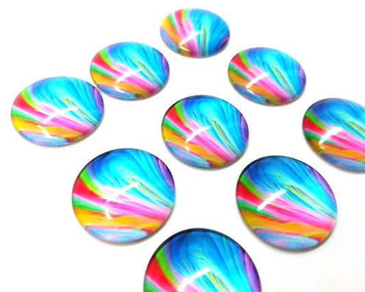 CA945 - 5 pcs Circle Feather Glass Round Dome Seals Tiles Cabochons - 25mm (1 inch) - Rainbow
