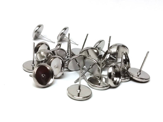 E426 - 10 pcs. Stainless Iron Silver Tone Earring Posts Studs Settings Bezels Cabochons Tacks- 8mm Glue Pad Setting - Includes Rubber Backs!