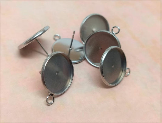 E328 - 10 pcs. 304 Stainless Steel Silver Earring Posts Studs Settings Bezels Cabochons Tacks with Parallel Loop - 16mm Glue Pad Setting