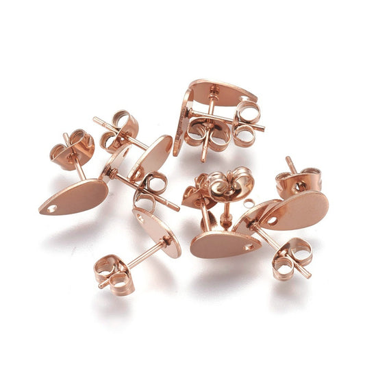 E501 - 10 pcs. (5 pairs) 304 Stainless Steel Teardrop Earring Posts/Bases/Studs/Settings with Backs - 10mm x 6mm - Hole for Dangles - Rose Gold