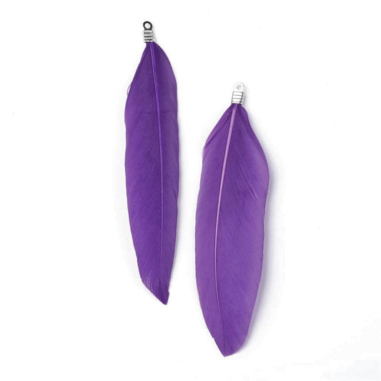 P382 - 10 pcs Purple Dangle Charms Pendants - Feather - Silver Tone Crimps - 75mm (2.95") - Great for Light Earrings or Dangles!