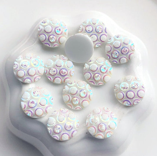 CA962 - 10 pcs Druzy Resin Embellishment Cabochons White with Multicolor Circles - 12mm - Round Dome Circle - Textured