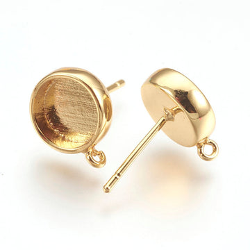E486 - 4 pcs. 18k Gold Plated Earring Posts Studs Settings Bezels Cabochons Tacks with Perpendicular Loop - 8mm Glue Pad Setting - Made of Brass