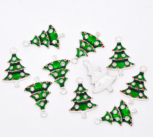 P1002 - 10 pcs. Silver Plated Christmas Trees Tree Light Lights Charms Pendants - 26mm x 17mm - with Rhinestones