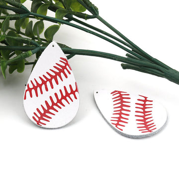 P939 - 6 pcs. White Red Baseball Cowhide REAL Leather Dangle Charms Pendants - Teardrop - 56mm (2.2")-Great for Light Earrings or Dangles