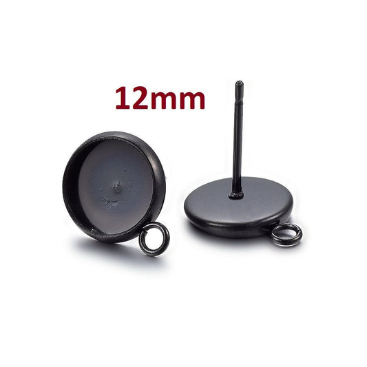 E606 - 10 pcs. 304 Stainless Steel Gunmetal Black Earring Posts Studs Settings Bezels Cabochons Tacks with Parallel Loop - 12mm Glue Pad Setting