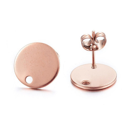 E346 - 10 pcs. (5 pairs) 304 Stainless Steel Rose Gold Earring Posts/Bases/Studs/Settings - 12mm Diameter with Hole