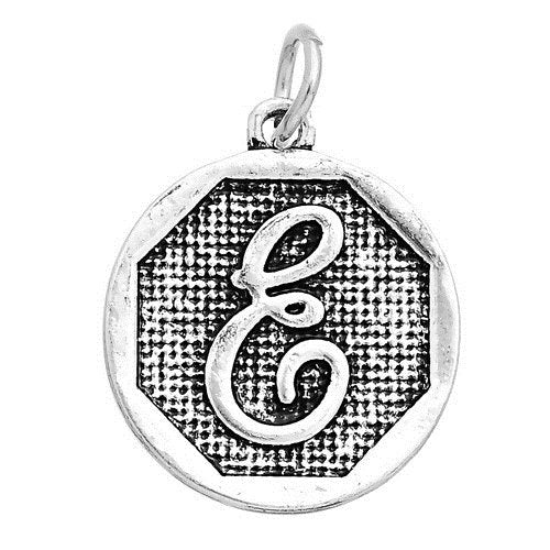 P110 - 4 pcs. Antique Silver LARGE Letter "E" Alphabet Letter Charm Pendant - 23mm x 20mm - Stamped Design
