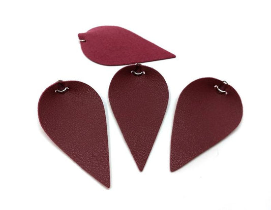 P389 - 10 pcs Burgundy Faux Leather Dangle Charms Pendants - Pinch Leaf - Silver Tone Jump Ring - 63mm (2.5") - Great for Earrings or Dangles!