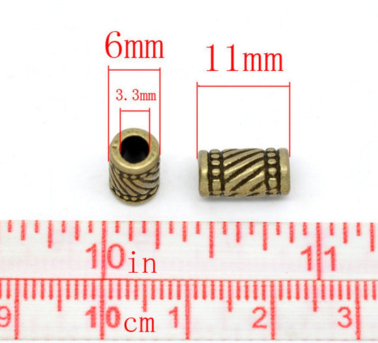 BD791 - 50 pcs Antique Bronze Tube Carved Spacer Beads - 11mm x 6mm - Hole Size: 3.3mm