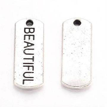 P566 - 30 pcs. Antique Silver "Beautiful" Rectangle Charms Pendants - 21mm x 8mm - Hole Size: 2mm