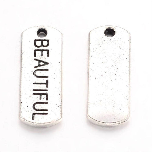 P566 - 30 pcs. Antique Silver "Beautiful" Rectangle Charms Pendants - 21mm x 8mm - Hole Size: 2mm