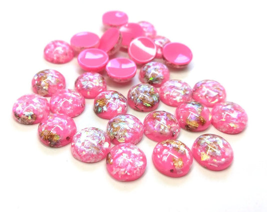 CA378 - 10 pcs Resin Round Embellishment Circle Cabochons Metal Foil Hot Pink, White, Gold - 12mm - Multi-Color Glitter