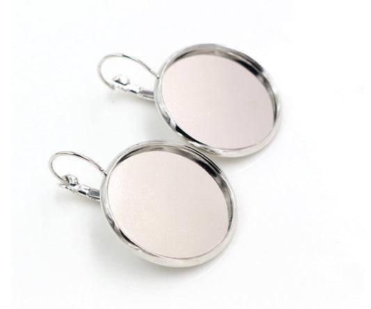 E755 - 10 pcs. Silver Tone Earring Clips Settings Lever Back Bezels Cabochons - 25mm Glue Pad Setting (1 inch) - Made of Copper!