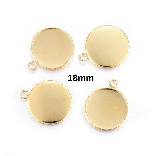 P367 - 10 pcs. 304 Stainless Steel Circle Round Bezel Pendant Tags Trays - 18mm Glue Pad Setting - Golden - Tarnish Resistant!