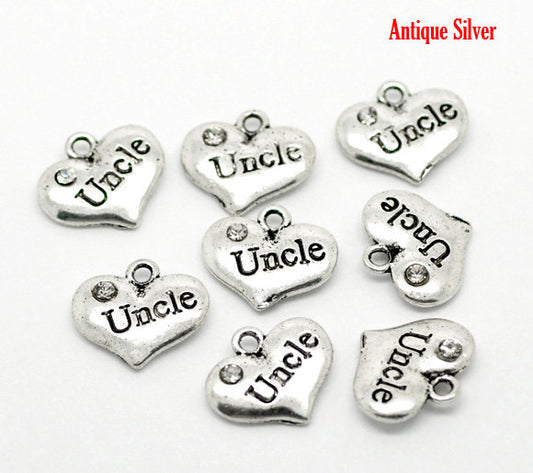 P045 - 4 pcs. Antique Silver "Uncle" charm with rhinestone- 16mm X 14mm