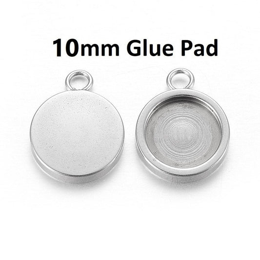 P2096 - 10 pcs. 304 Stainless Steel Silver Tone Circle Round Bezel Cabochon Pendant Tags Trays - 10mm Glue Pad - Single Loop - Single Sided