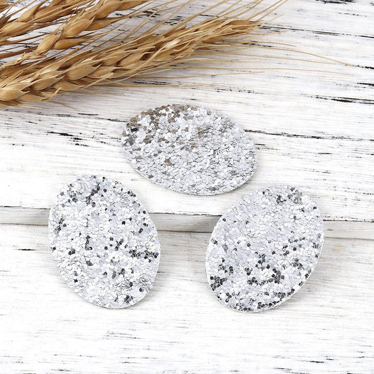 P602 - 10 pcs. Silver Faux Leather Dangle Charms Pendants - Oval - 41mm (1.6") - Great for Light Earrings, Necklaces or Dangles