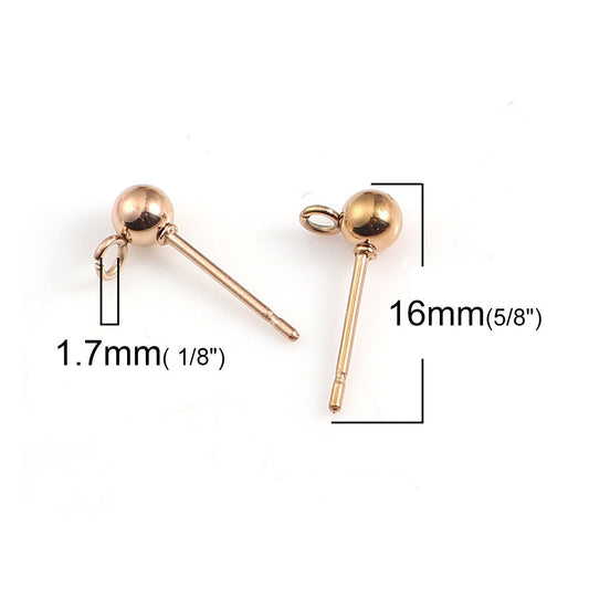 E408 - 10 pcs. (5 pairs) 304 Stainless Steel Earring Ball Posts Settings with Loop - 15mm x 7mm - Rose Gold - 4mm Ball Diameter - Stoppers Included