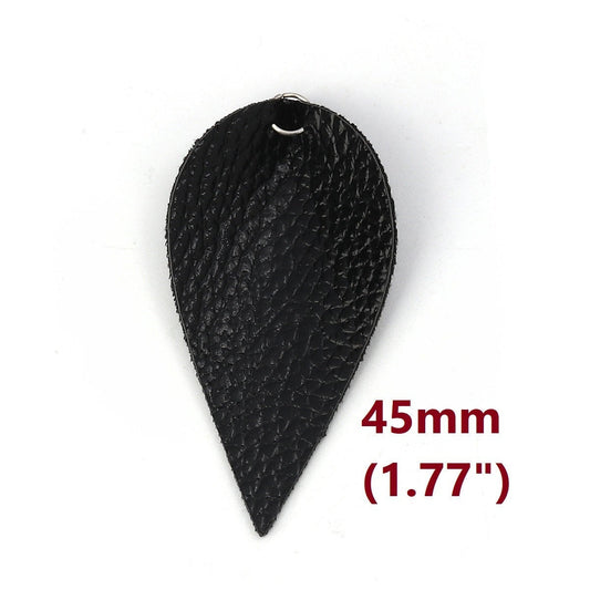 P2040 - 10 pcs. Black Faux Leather Dangle Charms Pendants - Pinch Leaf - Silver Tone Jump Ring - 45mm (1.77") - Great for Earrings or Dangles! Small