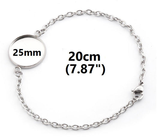 B101 - 3 pcs. 304 Stainless Steel Silver Tone Chain Bracelets - 7.87" (20cm) - 25mm Bezel - Tarnish Resistant!