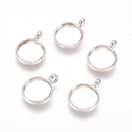 P169 - 10 pcs. Silver Plated Circle Round Bezel Cabochon Pendant Tags Trays - 10mm Glue Pad - Perpendicular Loop