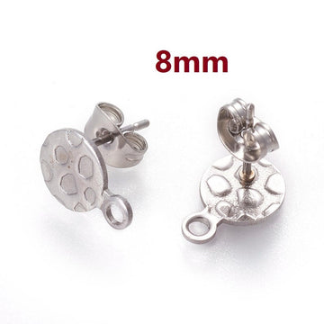 E585 - 10 pcs (5 pairs) 304 Stainless Steel Silver Earring Posts/Studs/Settings - 8mm Diameter - Hole Size: 1.8mm - TEXTURED - Style E - with Loop