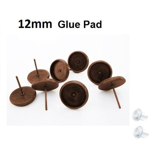 E420 - 50 pcs. Antique Copper Earring Posts Studs Settings Bezels Cabochons Tacks- 12mm Glue Pad Setting - Rubber Backs Included!