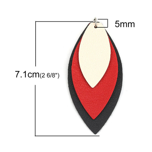 P900 - 10 pcs. Black Red Faux Leather Dangle Charms Pendants - Leaf - Triple Layer - 71mm (2.8") - Great for Light Earrings or Dangles